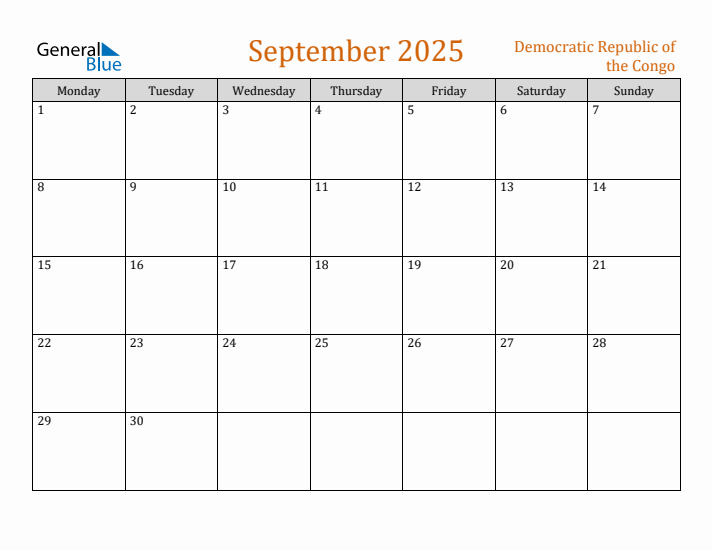 September 2025 Holiday Calendar with Monday Start
