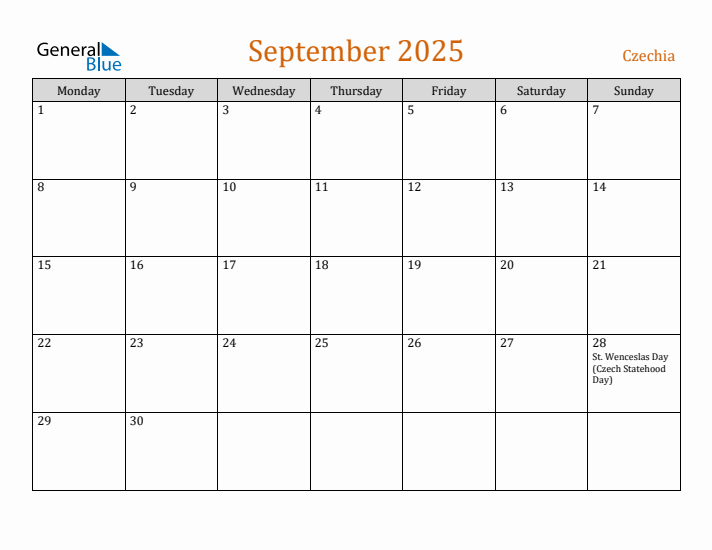 September 2025 Holiday Calendar with Monday Start