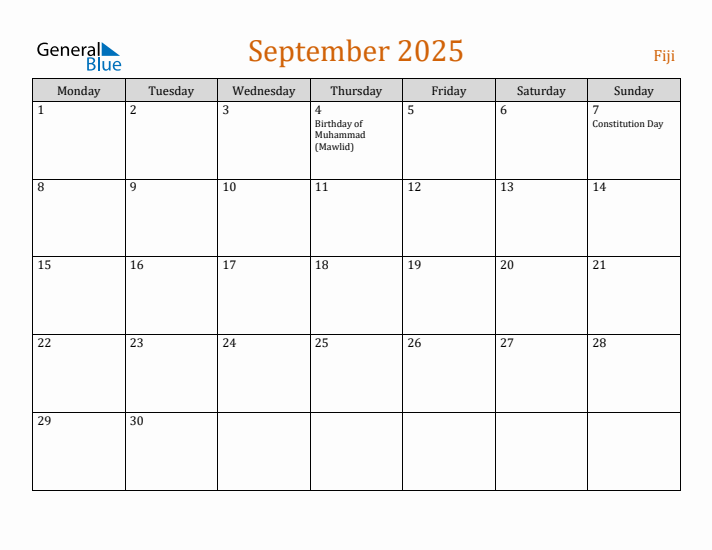 September 2025 Holiday Calendar with Monday Start