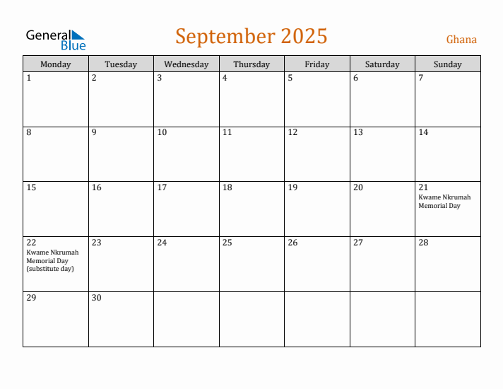 September 2025 Holiday Calendar with Monday Start