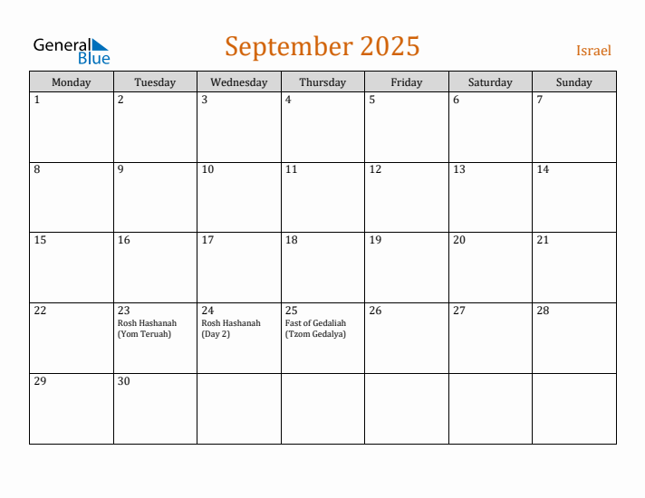 September 2025 Holiday Calendar with Monday Start