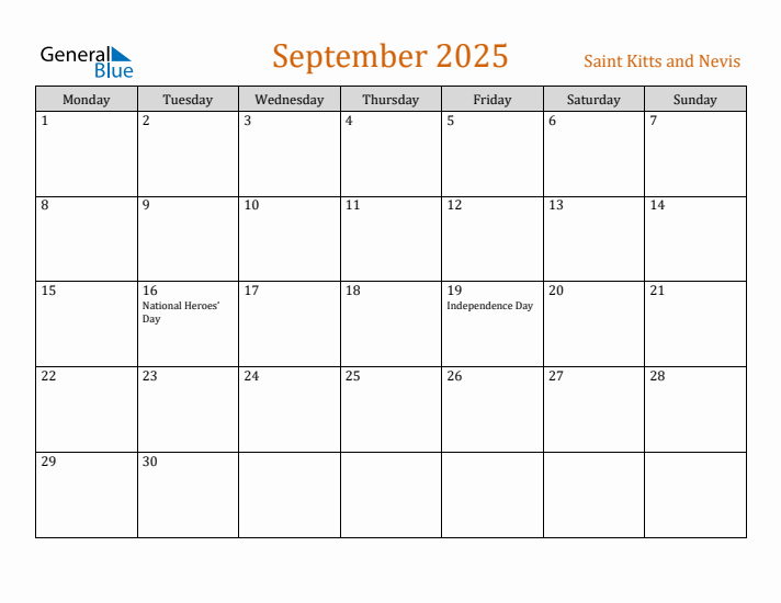 September 2025 Holiday Calendar with Monday Start