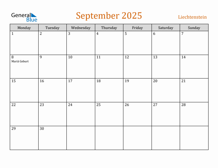 September 2025 Holiday Calendar with Monday Start