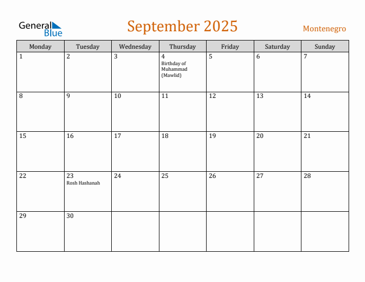 September 2025 Holiday Calendar with Monday Start