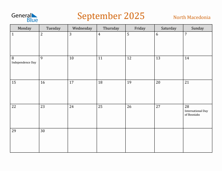 September 2025 Holiday Calendar with Monday Start