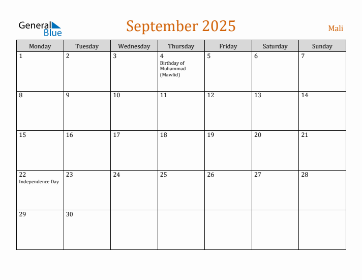 September 2025 Holiday Calendar with Monday Start