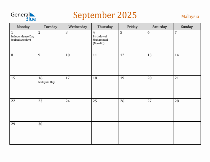 September 2025 Holiday Calendar with Monday Start