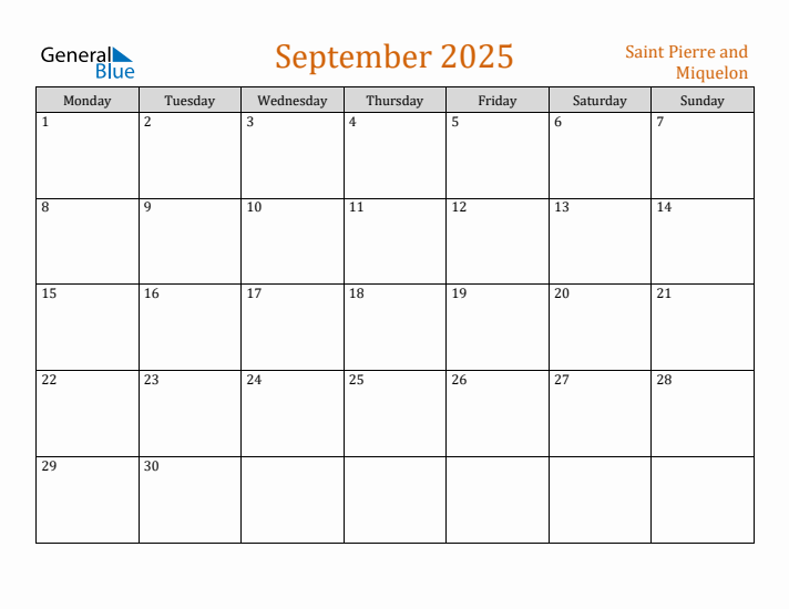 September 2025 Holiday Calendar with Monday Start