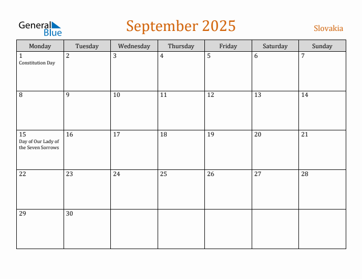 September 2025 Holiday Calendar with Monday Start