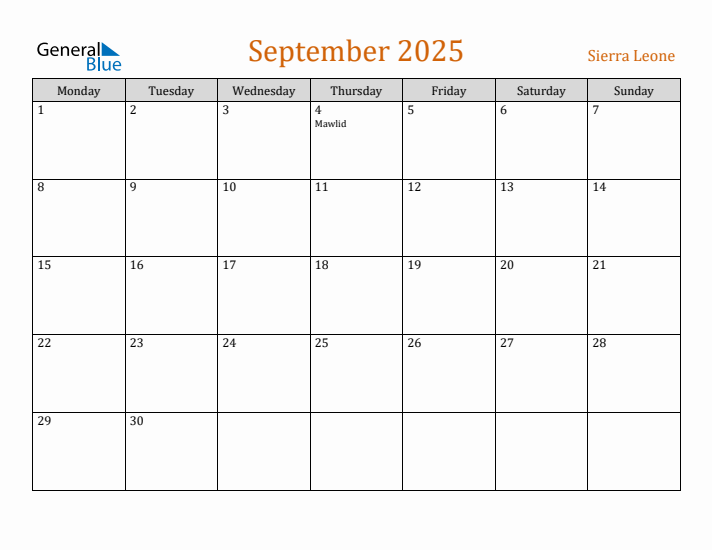 September 2025 Holiday Calendar with Monday Start
