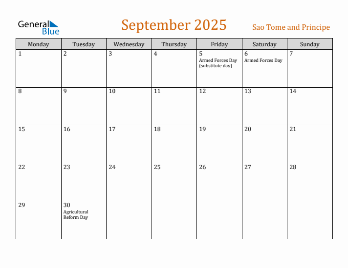 September 2025 Holiday Calendar with Monday Start