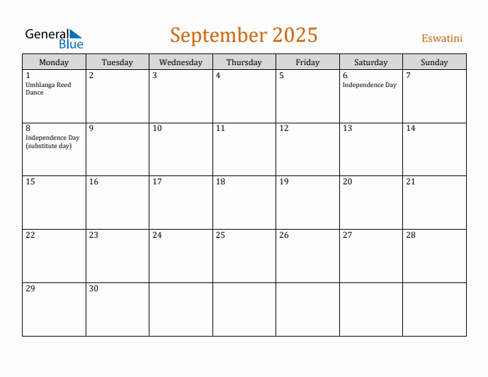 September 2025 Holiday Calendar with Monday Start