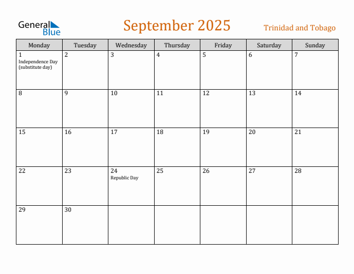 September 2025 Holiday Calendar with Monday Start