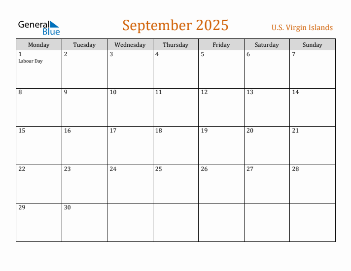 September 2025 Holiday Calendar with Monday Start