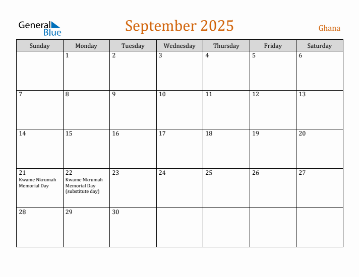 September 2025 Holiday Calendar with Sunday Start