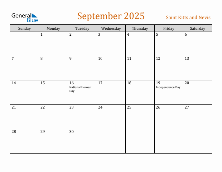 September 2025 Holiday Calendar with Sunday Start
