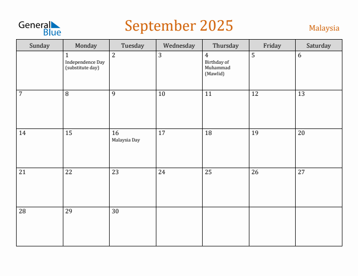 September 2025 Holiday Calendar with Sunday Start