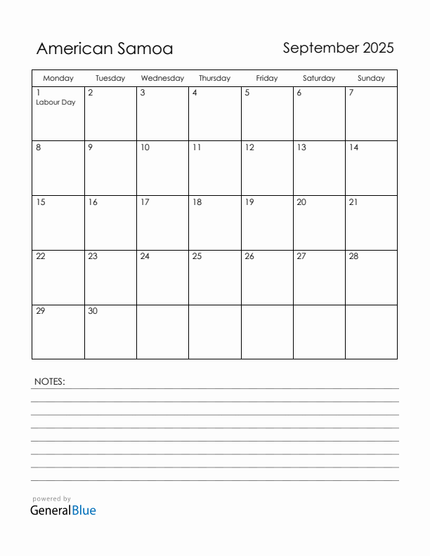September 2025 American Samoa Calendar with Holidays (Monday Start)