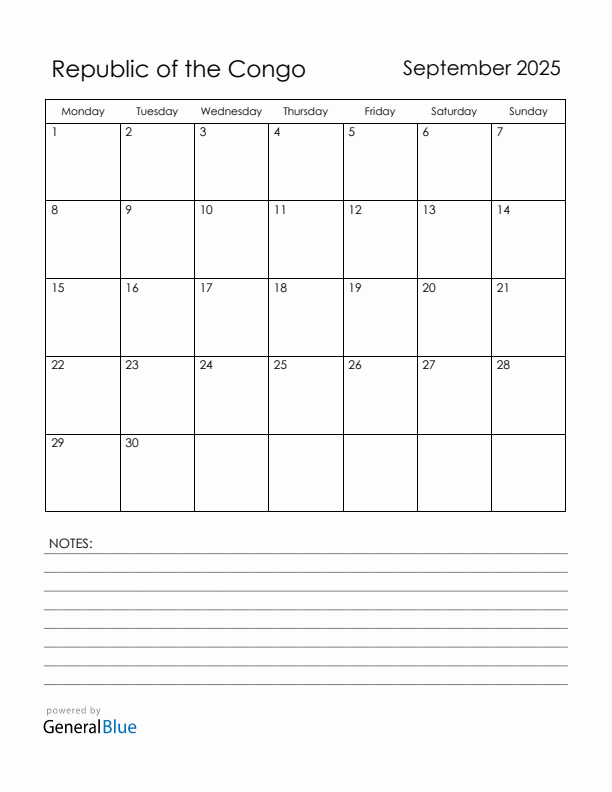 September 2025 Republic of the Congo Calendar with Holidays (Monday Start)