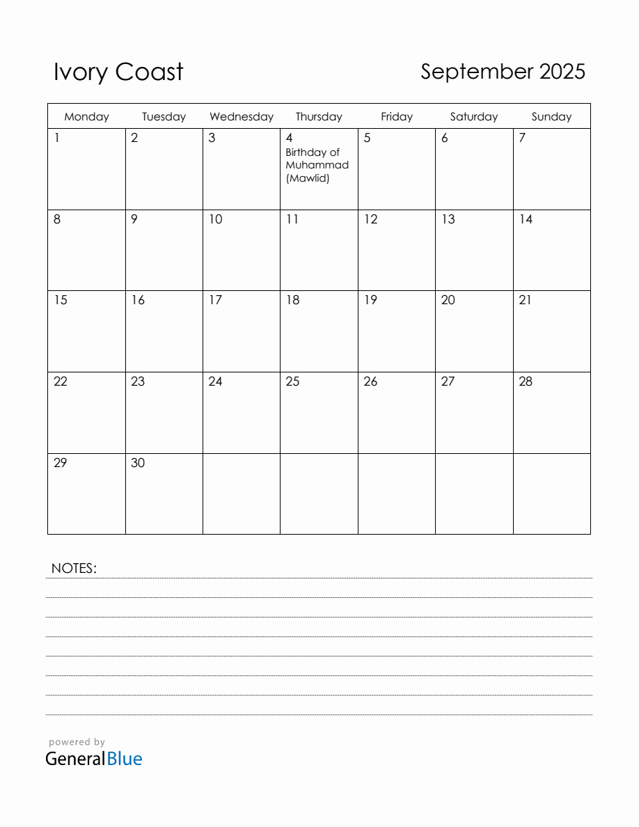 September 2025 Ivory Coast Calendar with Holidays (Monday Start)