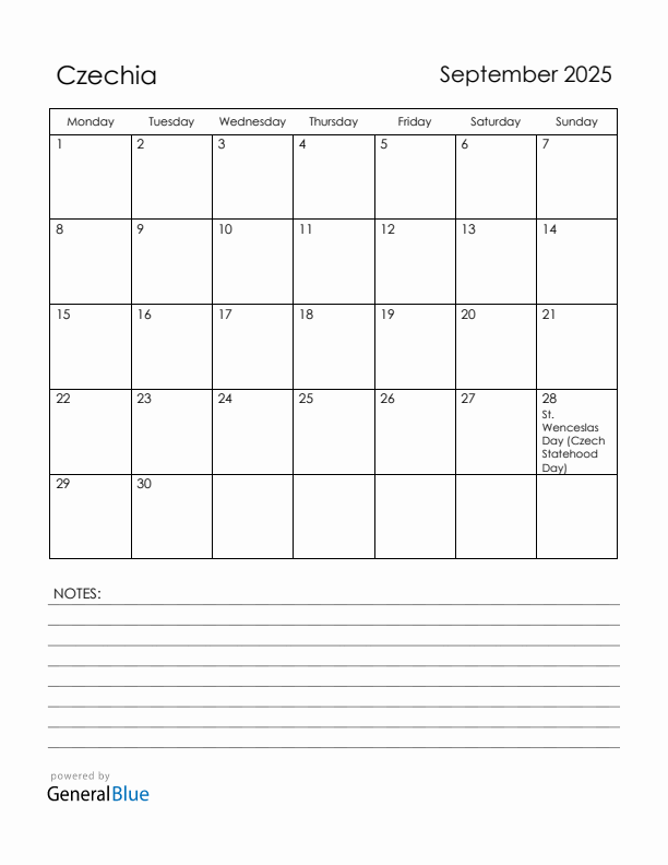September 2025 Czechia Calendar with Holidays (Monday Start)