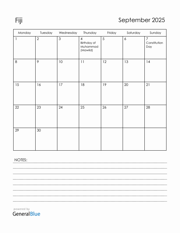 September 2025 Fiji Calendar with Holidays (Monday Start)