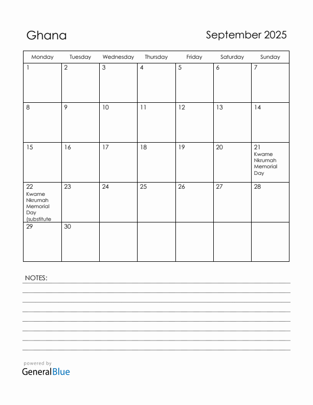 September 2025 Ghana Calendar with Holidays (Monday Start)