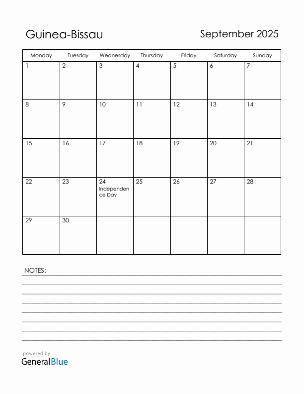 September 2025 Guinea-Bissau Calendar with Holidays (Monday Start)