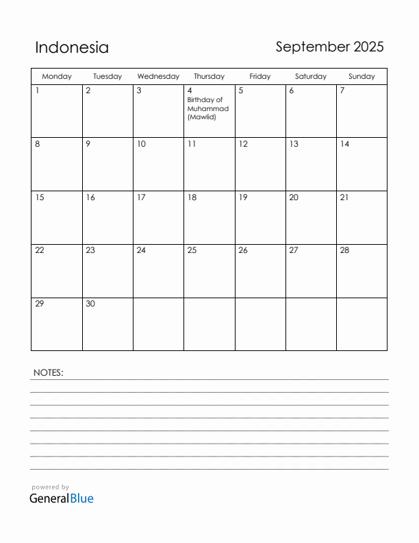 September 2025 Indonesia Calendar with Holidays (Monday Start)