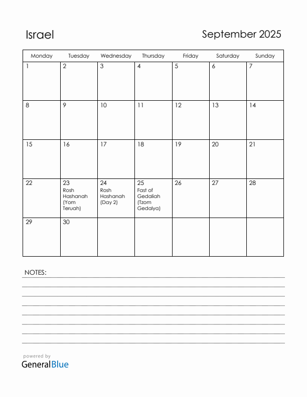 September 2025 Israel Calendar with Holidays (Monday Start)