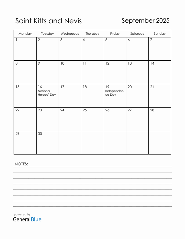 September 2025 Saint Kitts and Nevis Calendar with Holidays (Monday Start)