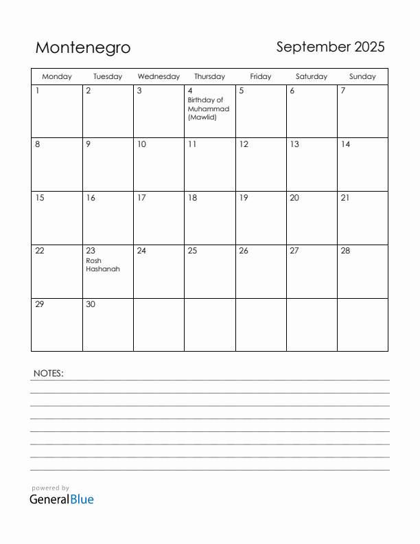 September 2025 Montenegro Calendar with Holidays (Monday Start)