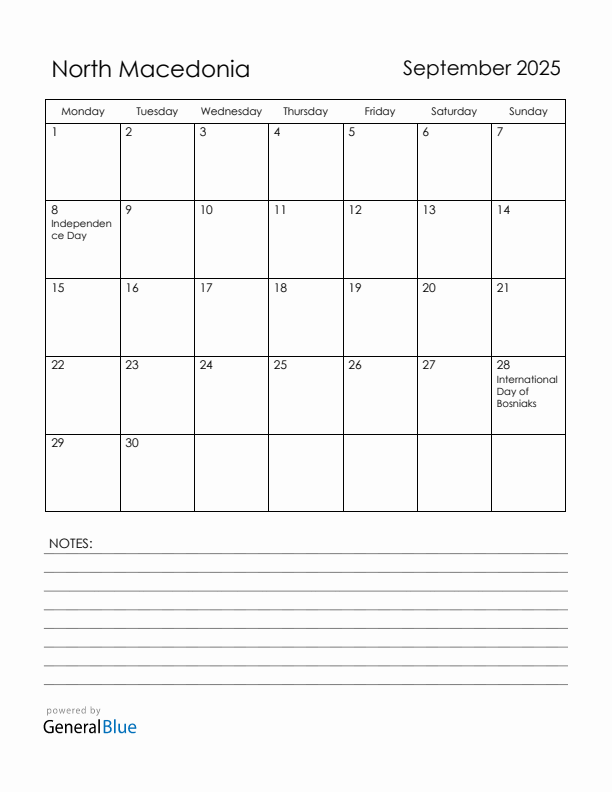 September 2025 North Macedonia Calendar with Holidays (Monday Start)