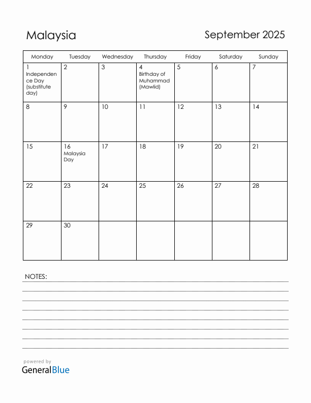 September 2025 Malaysia Calendar with Holidays (Monday Start)