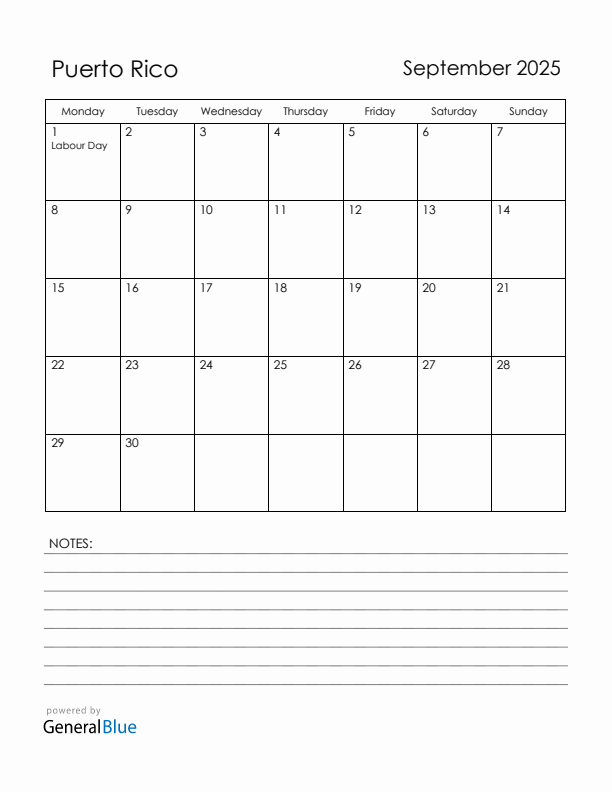 September 2025 Puerto Rico Calendar with Holidays (Monday Start)