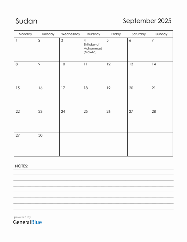 September 2025 Sudan Calendar with Holidays (Monday Start)
