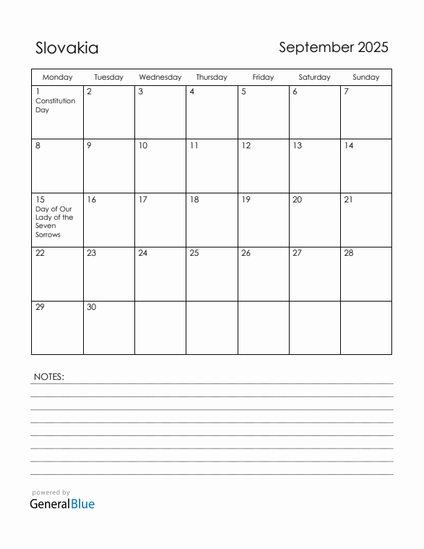 September 2025 Slovakia Calendar with Holidays (Monday Start)