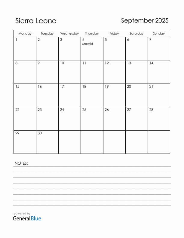 September 2025 Sierra Leone Calendar with Holidays (Monday Start)