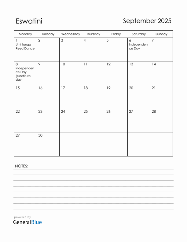 September 2025 Eswatini Calendar with Holidays (Monday Start)