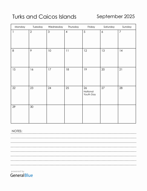 September 2025 Turks and Caicos Islands Calendar with Holidays (Monday Start)