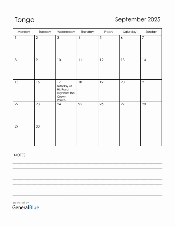 September 2025 Tonga Calendar with Holidays (Monday Start)