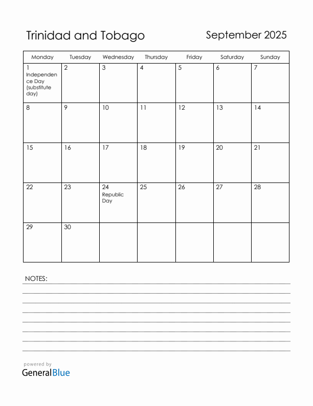 September 2025 Trinidad and Tobago Calendar with Holidays (Monday Start)