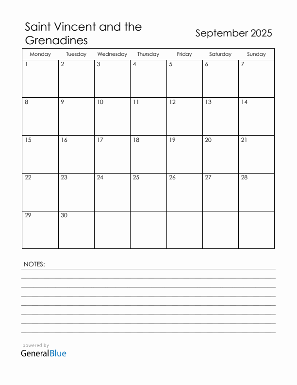 September 2025 Saint Vincent and the Grenadines Calendar with Holidays (Monday Start)