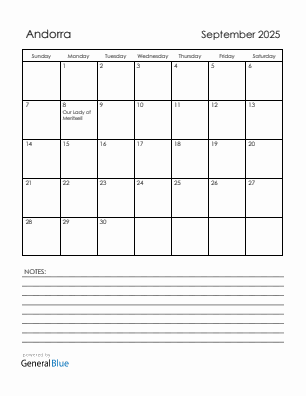 Current month calendar with Andorra holidays for September 2025
