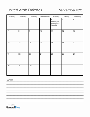 Current month calendar with United Arab Emirates holidays for September 2025