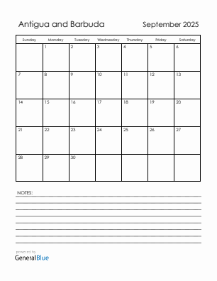 Current month calendar with Antigua and Barbuda holidays for September 2025