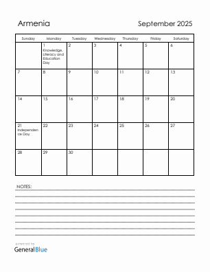Current month calendar with Armenia holidays for September 2025