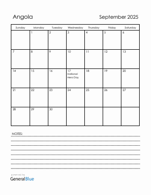 Current month calendar with Angola holidays for September 2025