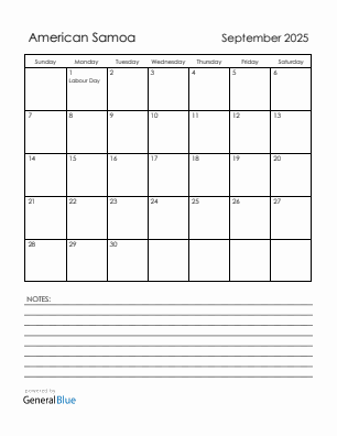 Current month calendar with American Samoa holidays for September 2025