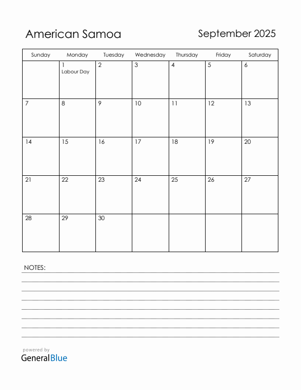 September 2025 American Samoa Calendar with Holidays (Sunday Start)